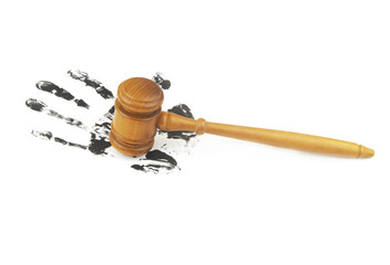 Wooden judge gavel and handprint on white background. 
