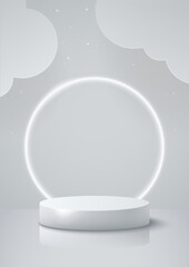 White Cylinder Podium with Glowing Round Lamp on Grey Background with Paper Cut Clouds. Retro Scene Interior. Vector Illustration. Vertical Orientation.