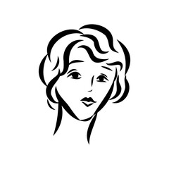 Womans face. Sketch. The head of the girl in full face. Vector illustration. Haircut for medium hair-cascade. Plump lips. Lady with heterochromia. One eye is blue, the other brown. Female portrait.