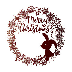 Bunny on a Christmas wreath of snowflakes with the inscription Merry Christmas
