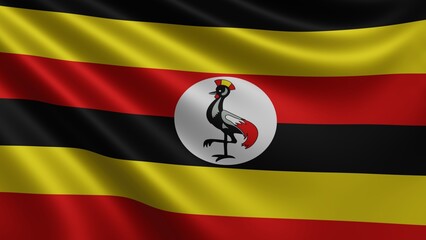 Render of the Uganda flag flutters in the wind close-up, the national flag of Uganda flutters in 4k resolution, close-up, colors: RGB. High quality 3d illustration - obrazy, fototapety, plakaty