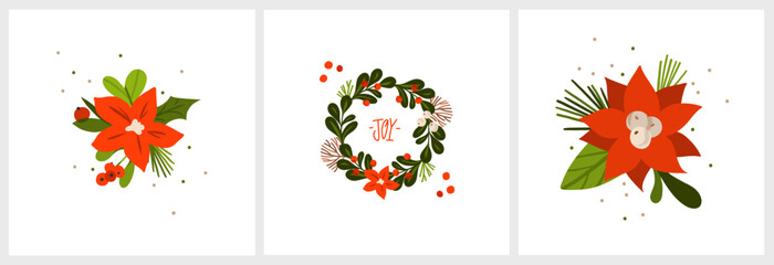 Christmas watercolor of bouquet berries and green leaves arrangings set. Hand-painted watercolor elements suitable for decorative Christmas festival, New year invitations, or greeting cards.