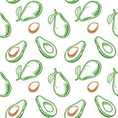 Avocado, seamless pattern. Vector illustration of an avocado isolated on a white background. 