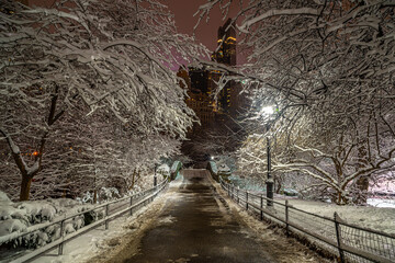 Gapstow Bridge in Central Park, snow storm