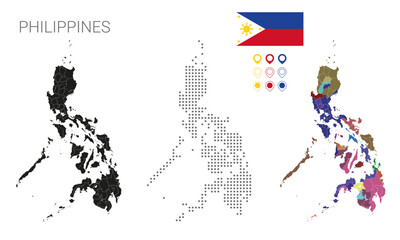 Map of Philippines dotted with silhouette e people region, with flag and pin in color, vector illustration scalable.
