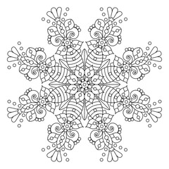 Abstract mandala, centerpiece or whimsical snowflake line art design or coloring page
