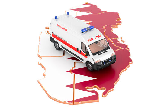 Emergency Medical Services In Qatar. Ambulance Van On The Qatari Map. 3D Rendering