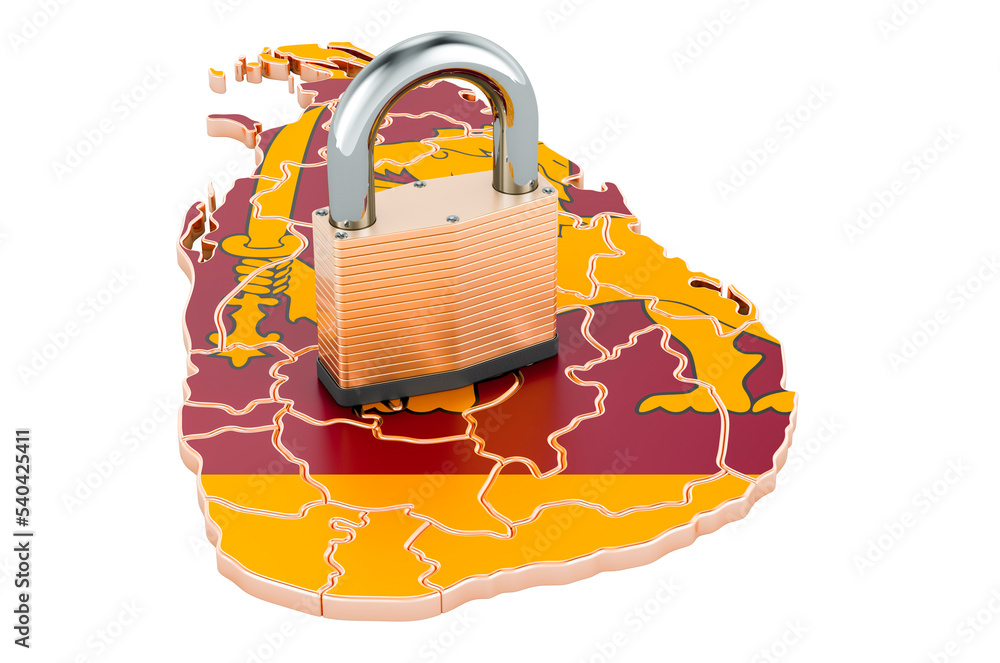 Poster lockdown in sri lanka. padlock with map, border protection concept. 3d rendering