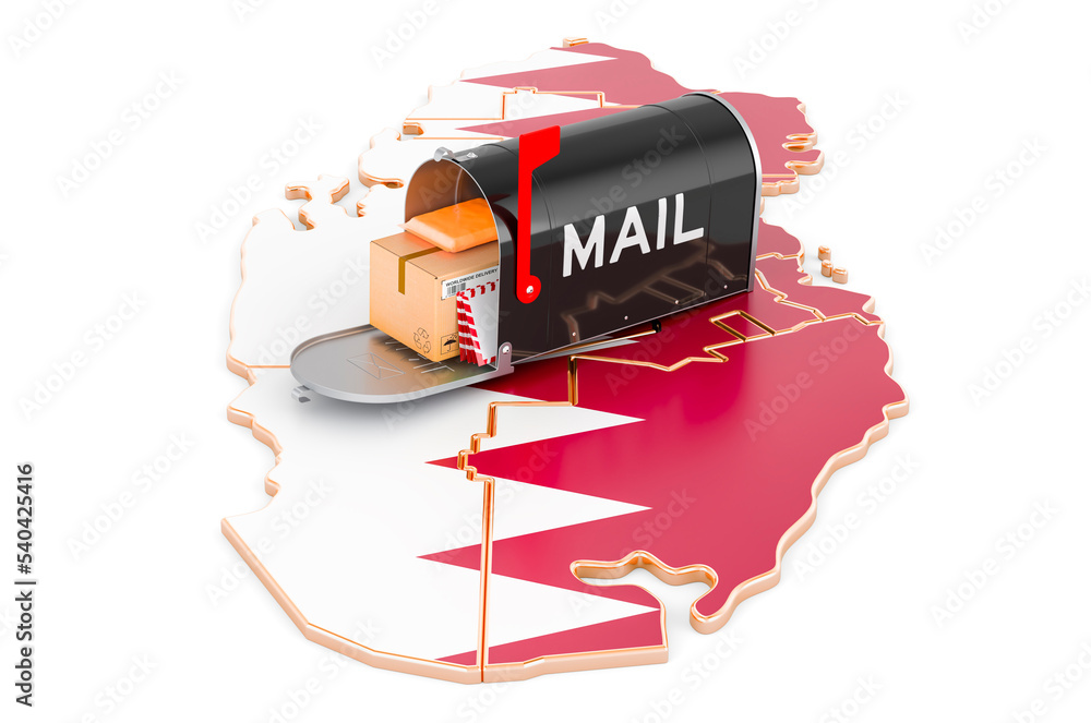 Poster mailbox on the qatari map. shipping in qatar, concept. 3d rendering