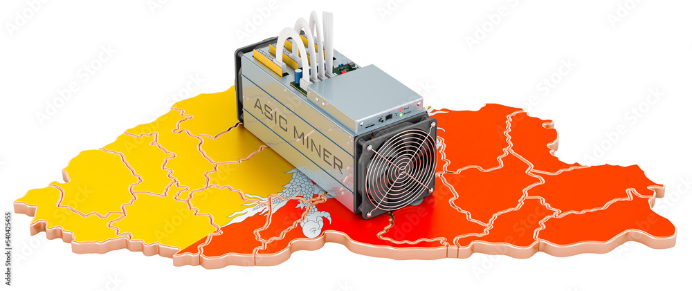 Poster mining in bhutan, concept. asic miner with bhutanese flag. 3d rendering