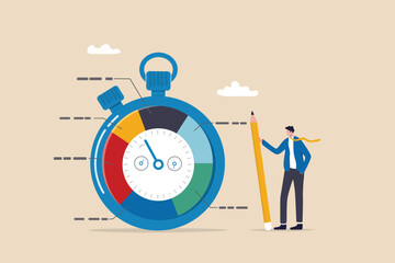 Time tracking system or time management to manage project or productivity, evaluate efficiency or project resources planning concept, business man stand with stop watch timer time spend pie chart.