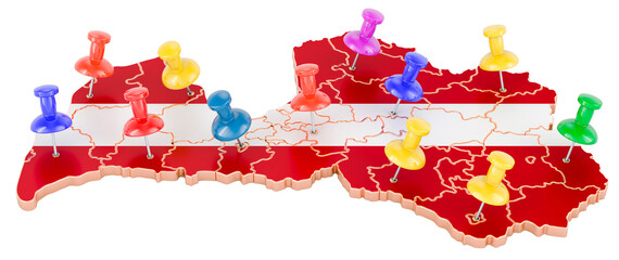 Map of Latvia with colored push pins, 3D rendering