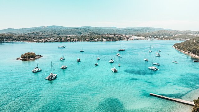 View of sailing boats in turquoise water near Badija island in the Korcula Archipelago, Croatia