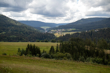 Fototapeta na wymiar View of natural green low mountain range landscapes of the Black Forest in summer