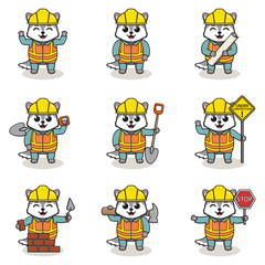 Vector illustration of Wolf character at construction site. Construction workers in various tools. Cartoon Wolf characters in hard hat working at building site vector.