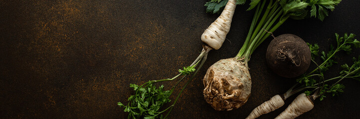 Parsley and selera roots with tops and black radish close-up on a brown background, top view, healthy autumn seasonal roots banner, copy space