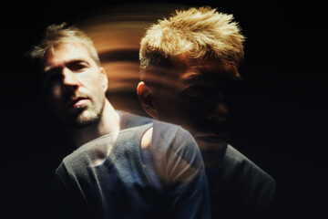 Double exposure on man projecting inner thoughts