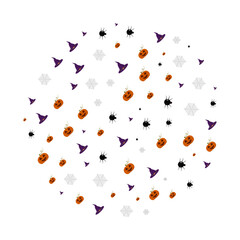 a pattern in a circle of cobwebs, black pumpkin spiders hats on a white background