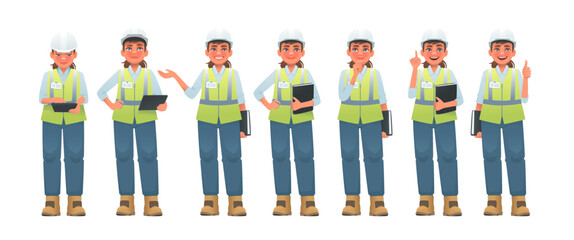 Set of woman construction engineer character in hard hat and signal vest. Architect or safety engineer in different activities - 540427099
