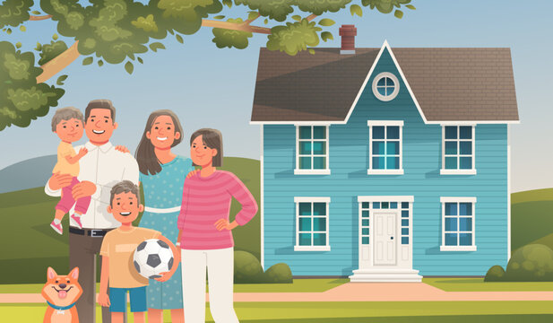 Family on the background of a two story house. Buying or renting a home. Moving to a new house. Father, mother, children and pet together outside