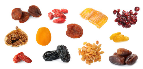 Set with different tasty dried fruits on white background. Banner design