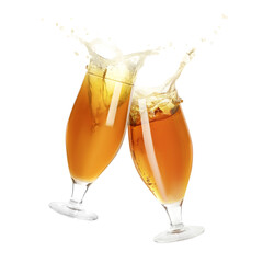Two glasses of beer toasting with splash on white background