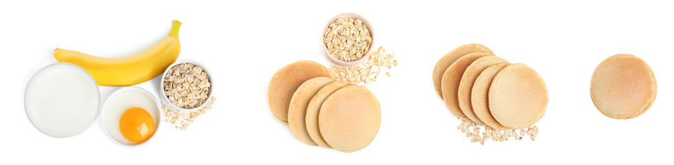 Set with tasty oatmeal pancakes on white background, top view. Banner design
