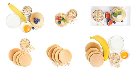 Set with tasty oatmeal pancakes on white background, top view. Banner design
