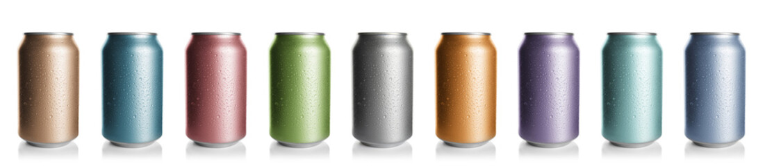 Set with different colorful aluminium cans of beverage on white background. Banner design