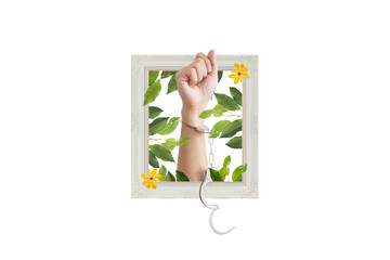 Digital collage modern art. Hand raised with handcuff and leaves, flowers in frame, on white background