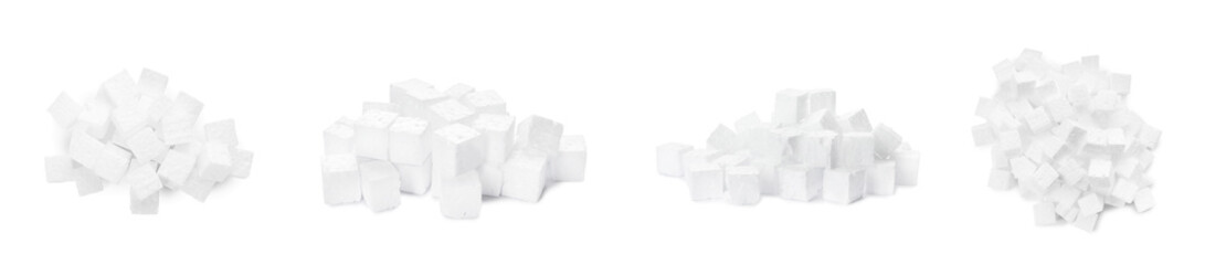 Set with piles of styrofoam cubes on white background. Banner design