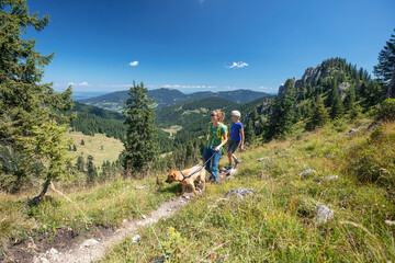 Wanderer mit Hund in den Bergen