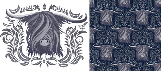 Графика и иллюстрацииThe head of a yak (bull) and a seamless pattern with ornaments and a yak. Symmetrical ornament, grey strict shade, male pattern.