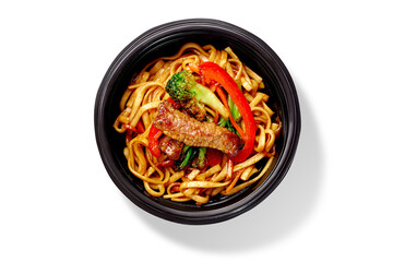 Bowl of stir fried udon noodles with beef, broccoli, bell peppers and carrots