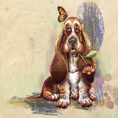 Illustration of a cute Basset puppy with a flower and a butterfly.