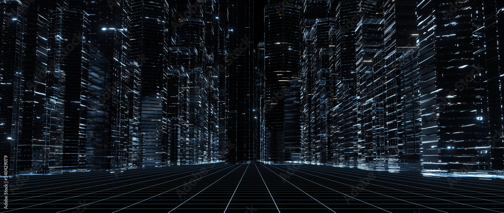 Poster 3d rendering of neon hologram city with line grid floor. ultra wide resolution. for technology, meta