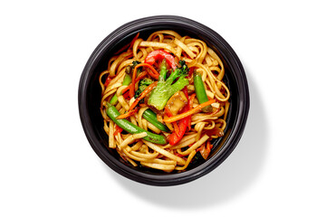 Stir fried udon wheat noodles with broccoli, bell pepper, green beans and mushrooms