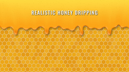 Realistic Honey Dripping On Honeycomb Background