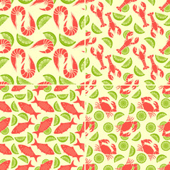 Seafood seamless patterns. Shrimp, Lobster, Fish and Crab. Vector illustration