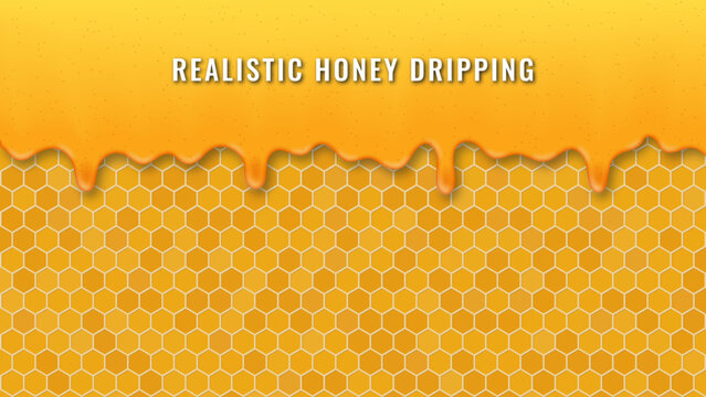 Realistic Honey Dripping On Honeycomb Background