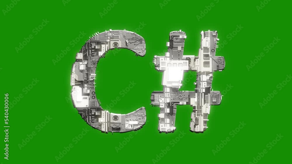 Poster silver grey cybernetic text c# with animation on green screen, isolated - loop video