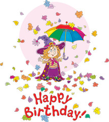 Happy birthday card with a funny little witch and a striped toy umbrella under falling and swirling colorful autumn leaves, vector cartoon illustration isolated on a white background