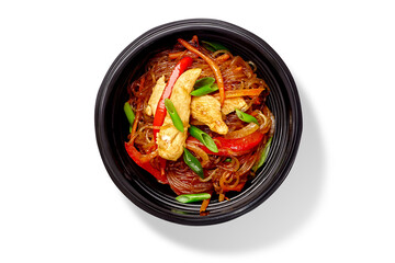 Rice noodles with roasted chicken, bell pepper, carrots in stir fry sauce with chopped scallions