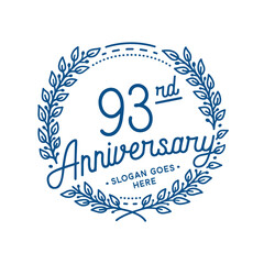93 years anniversary design template. 93rd anniversary celebration hand drawn logotype. Vector illustration.