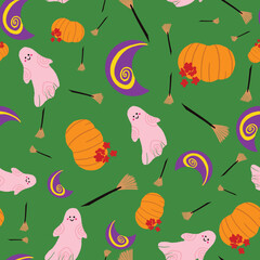 Halloween vector repeat pattern design on green background