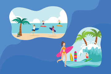 Fototapeta na wymiar People surf, relax on tropical sea beach 2d vector illustration concept for banner, website, illustration, landing page, flyer, etc.