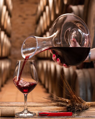 Winery. Pour red wine from the decanter into the wine glass for tasting.
