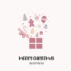 Concept of Christmas card with a box full of gifts and wishes. Vector