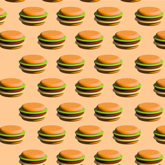 Fototapeta na wymiar Hamburger fast food pattern on peach color background. Minimal food background. Burger on peach color background. Burger is on 3D 