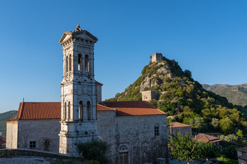 Fototapeta na wymiar Zoodochos Pigi church and bell tower in Karytaina, Arcadia, Greece